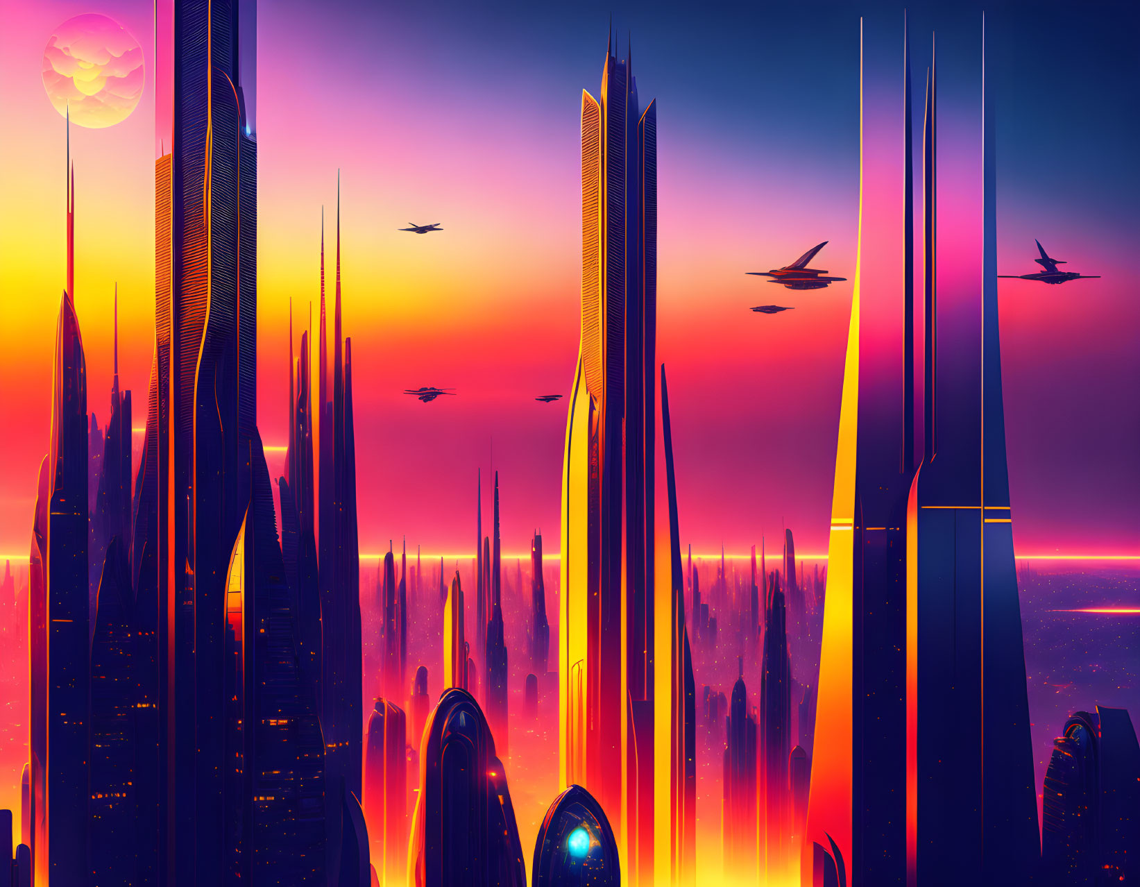 Futuristic cityscape sunset with pink and orange skies