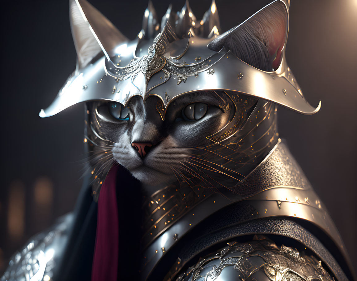 Majestic cat in medieval armor with gold accents and red cape