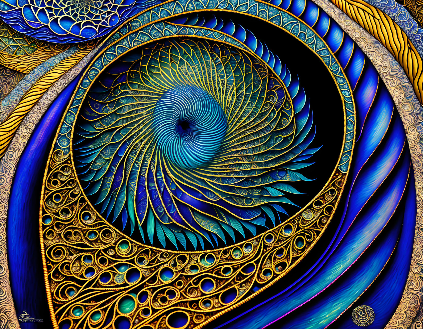 Abstract Blue and Gold Fractal Spiral Design: Peacock Feather Inspired