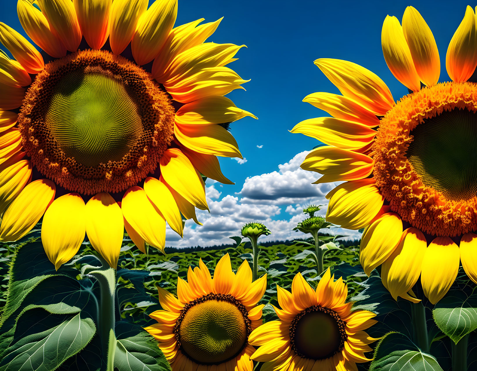 Bright sunflowers bloom under blue sky with fluffy clouds.