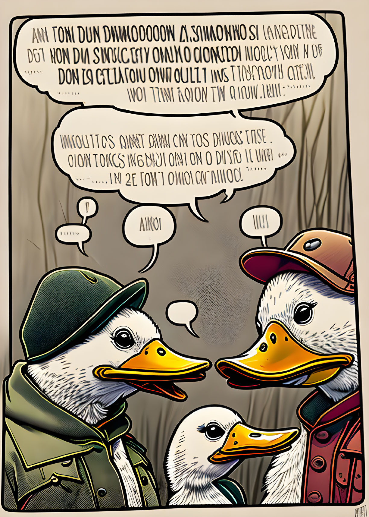 Anthropomorphic Ducks in Human Clothing Comic Conversation