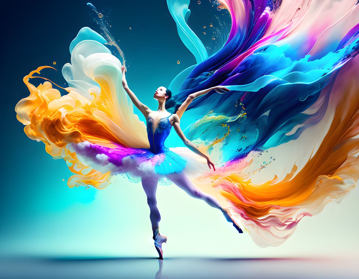 Ballerina in tutu mid-pirouette with paint splash skirt on gradient backdrop