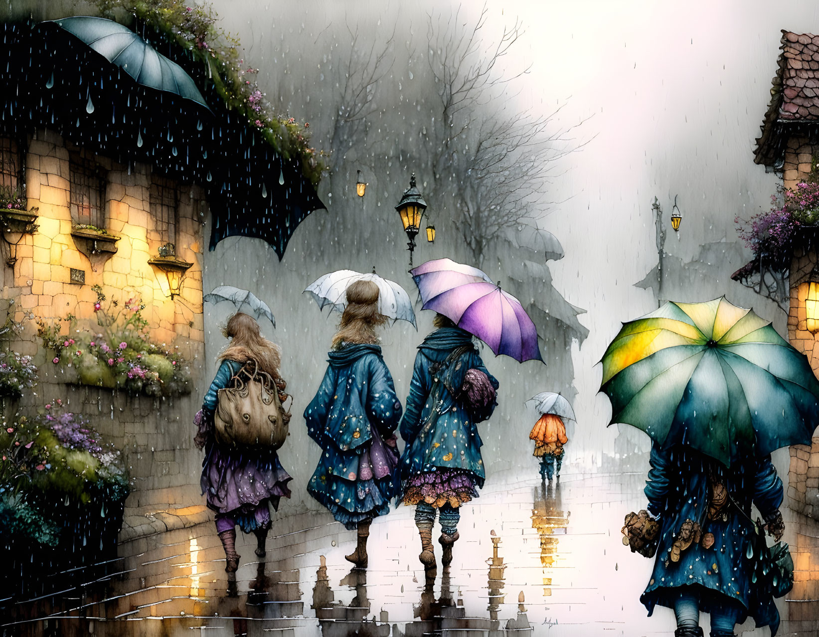 Colorful Umbrellas Walk on Rainy Cobblestone Street with Glowing Lanterns