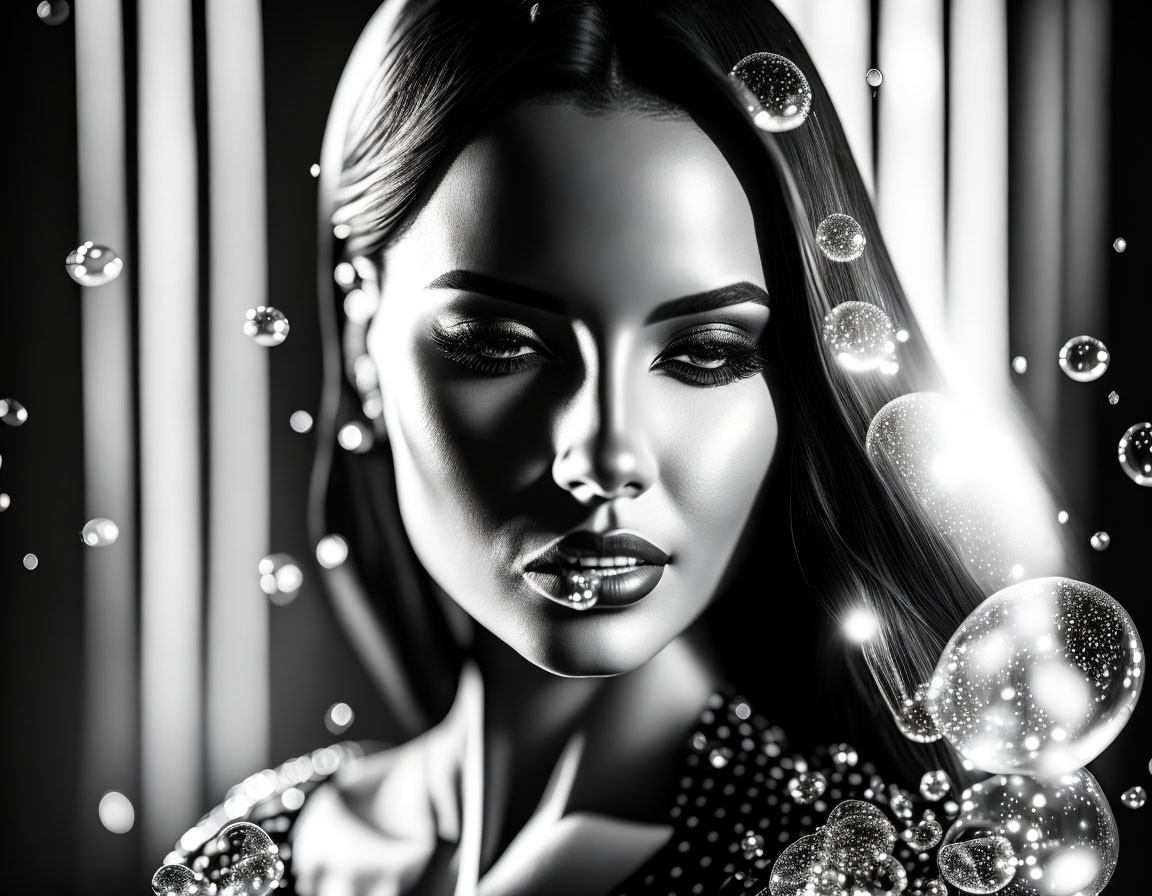 Monochromatic image: woman with glossy lips, bubbles, striped light patterns