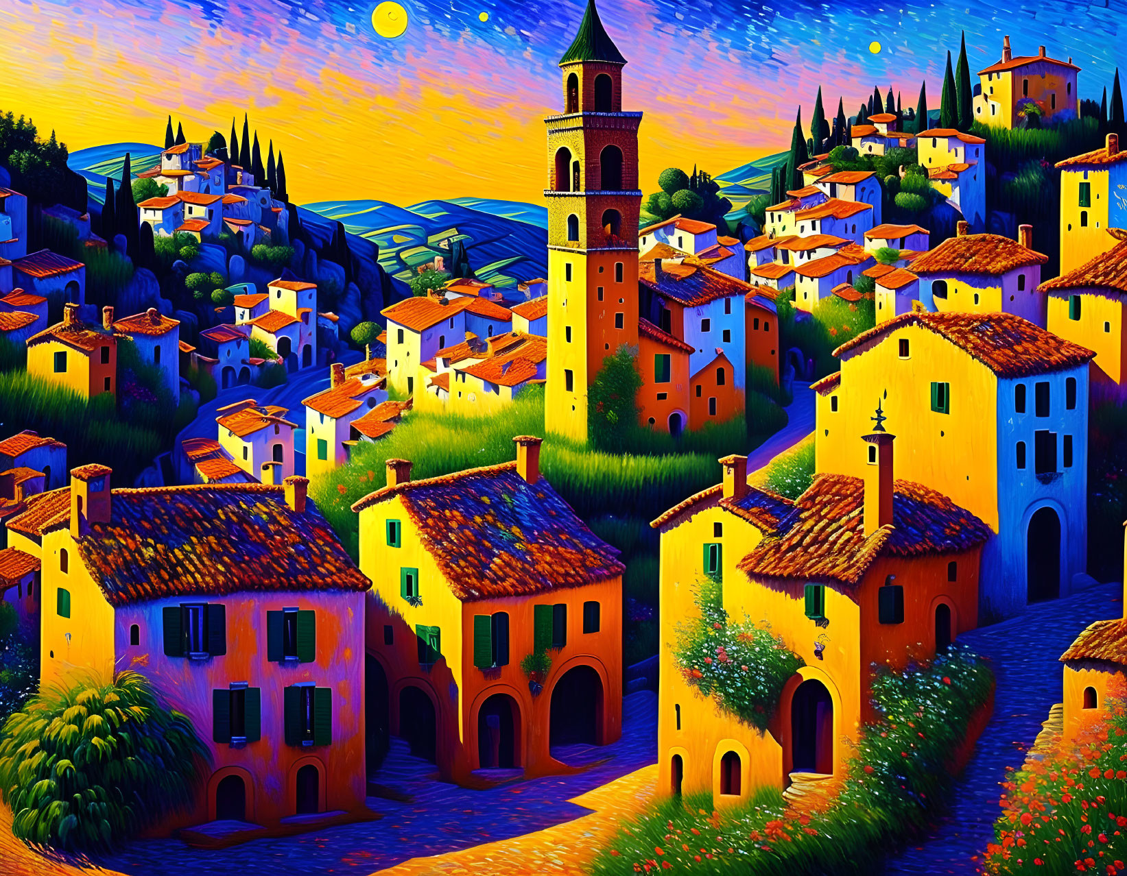 Vibrant village painting with Tuscan-style houses and bell tower