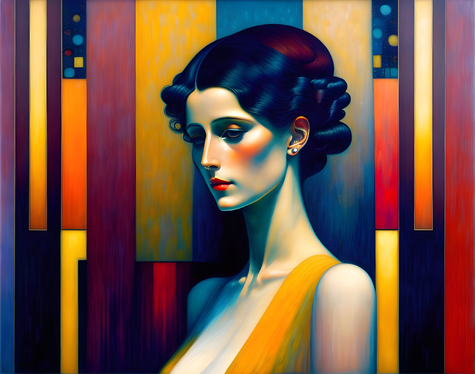 Stylized portrait of a woman against vibrant geometric background