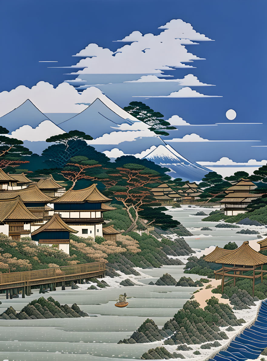 Scenic Japanese village with Mount Fuji, river, boats, Pagoda & clear sky