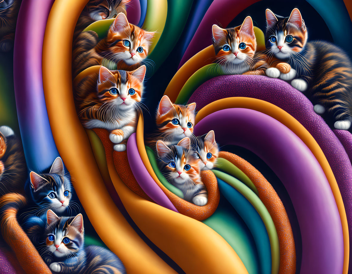 Colorful digital art: Whimsical swirls with adorable kittens.