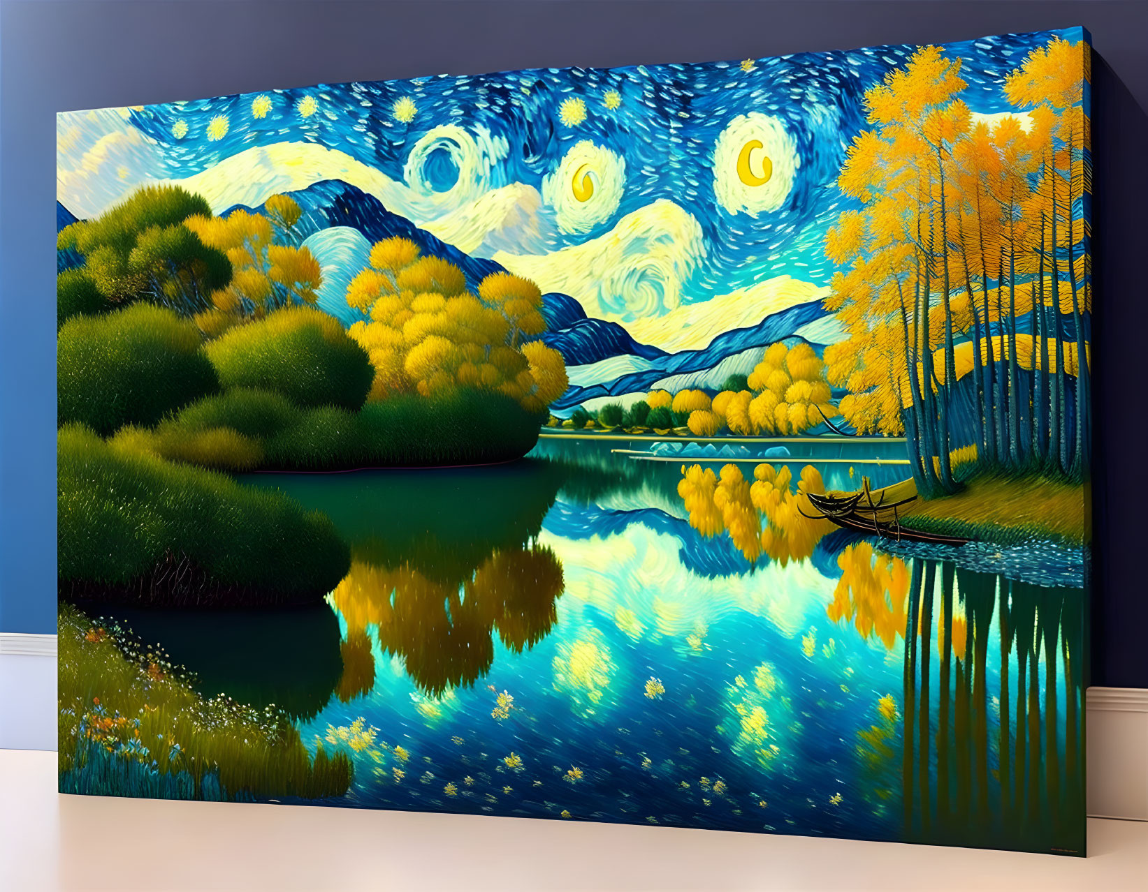 Room mural featuring Van Gogh's Starry Night blended with lakeside autumn scene