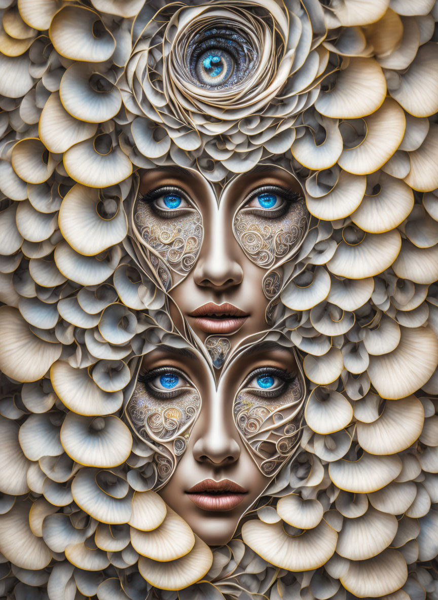 Surreal illustration of ornate multi-eyed face with feather-like layers