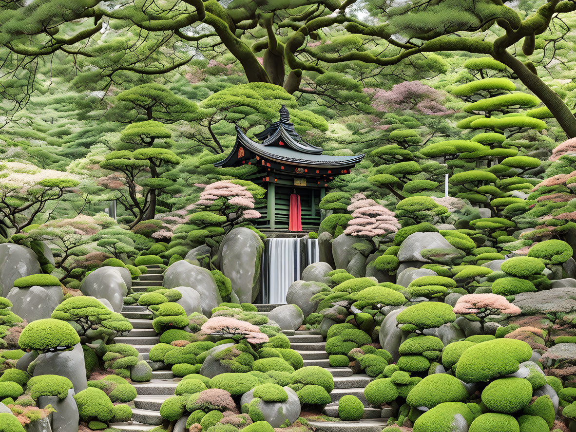 Tranquil Japanese garden with moss-covered stones, waterfall, lush greenery, and red-black pag