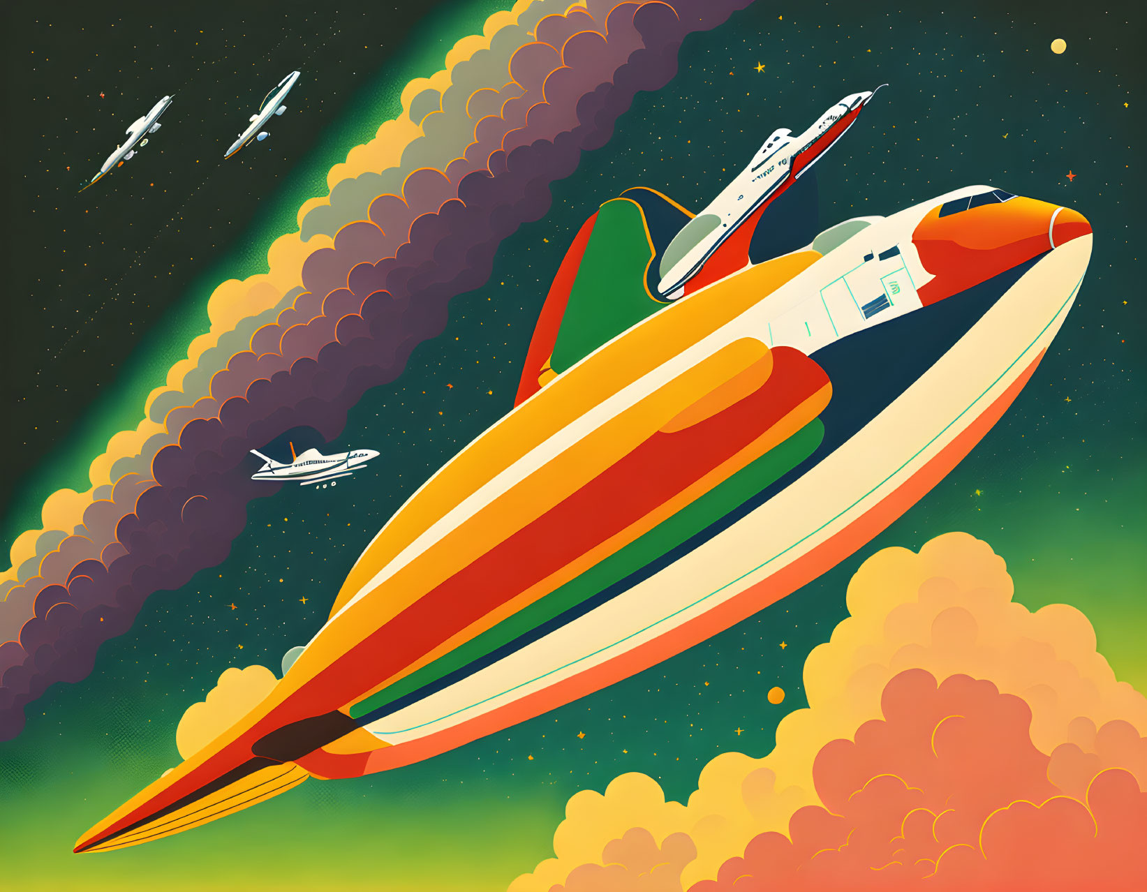 Vibrant Retro-Futuristic Spaceship Illustration