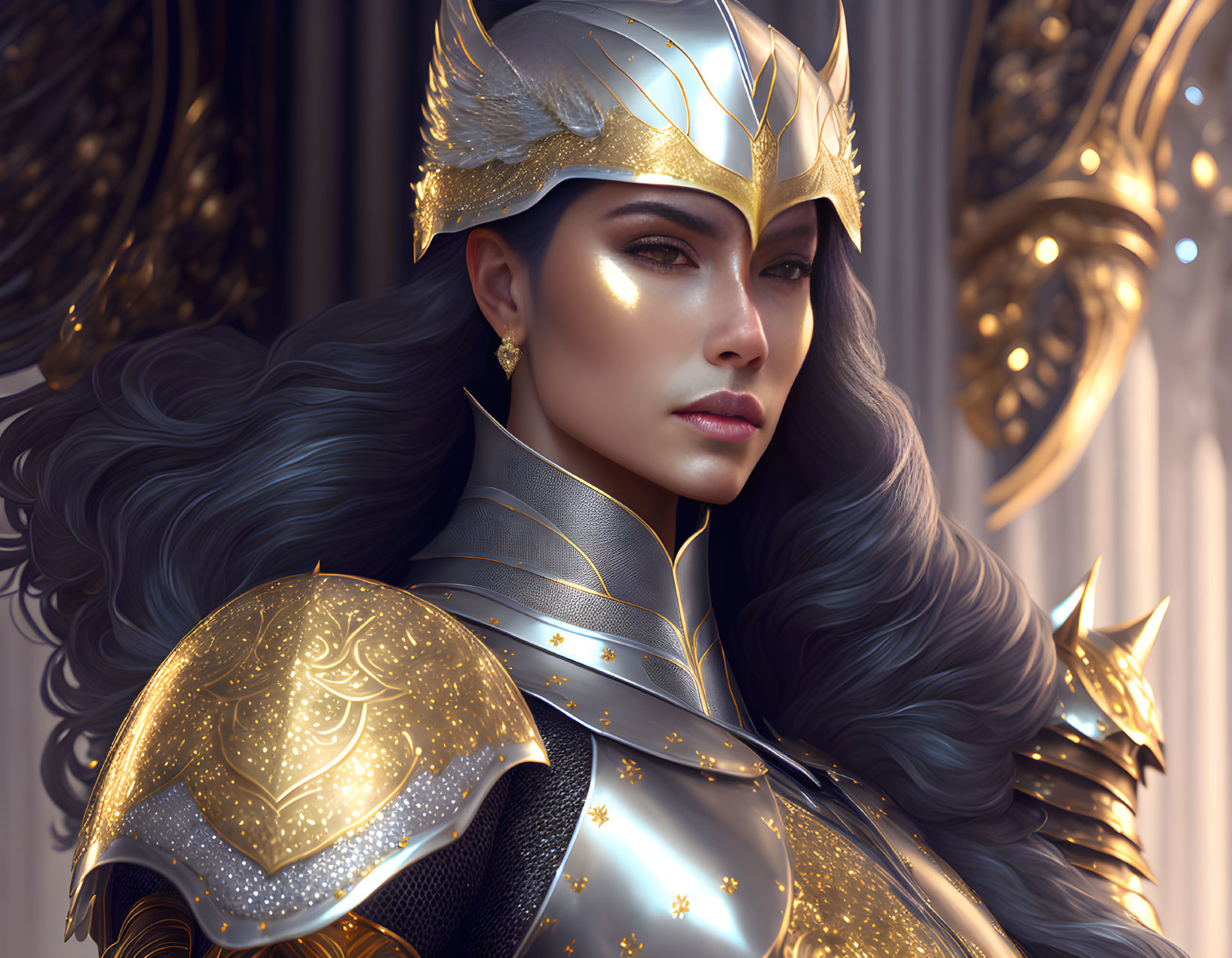 Detailed illustration of woman in golden armor with stern expression