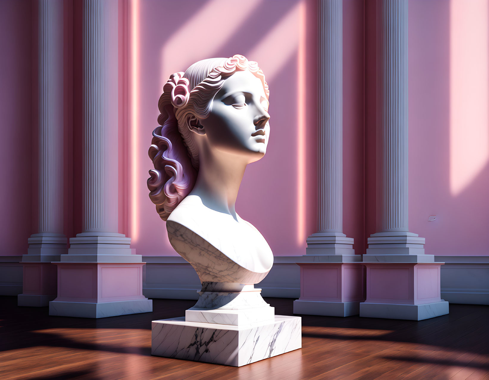 Classical bust sculpture in pink room with sunlight and shadows