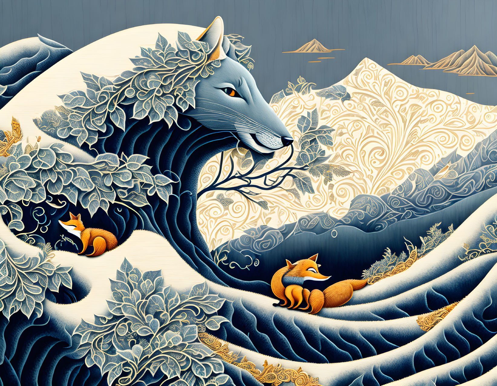 Stylized illustration of blue wolf, orange foxes, and swirling waves against mountain backdrop