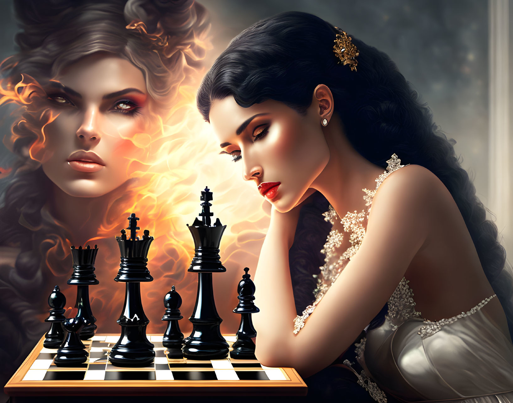 Woman Playing Chess with Fiery Ghostly Face Symbolizing Strategy