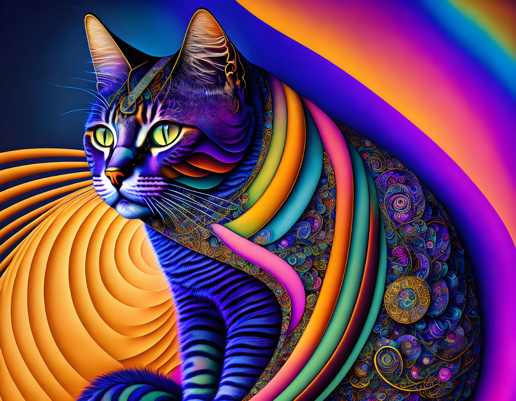 Colorful Stylized Cat Artwork with Intricate Patterns