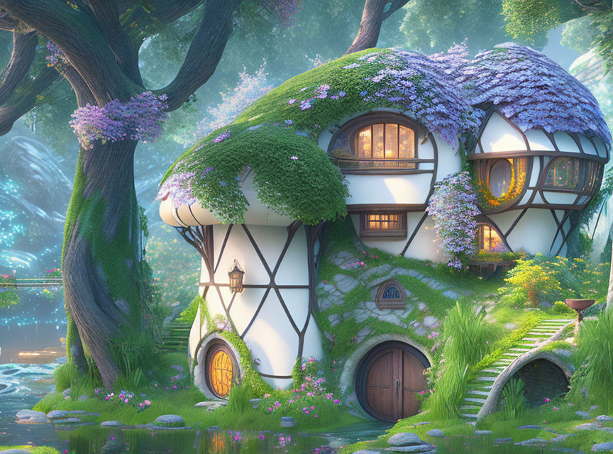 Fairytale cottage surrounded by greenery and flowers in magical forest