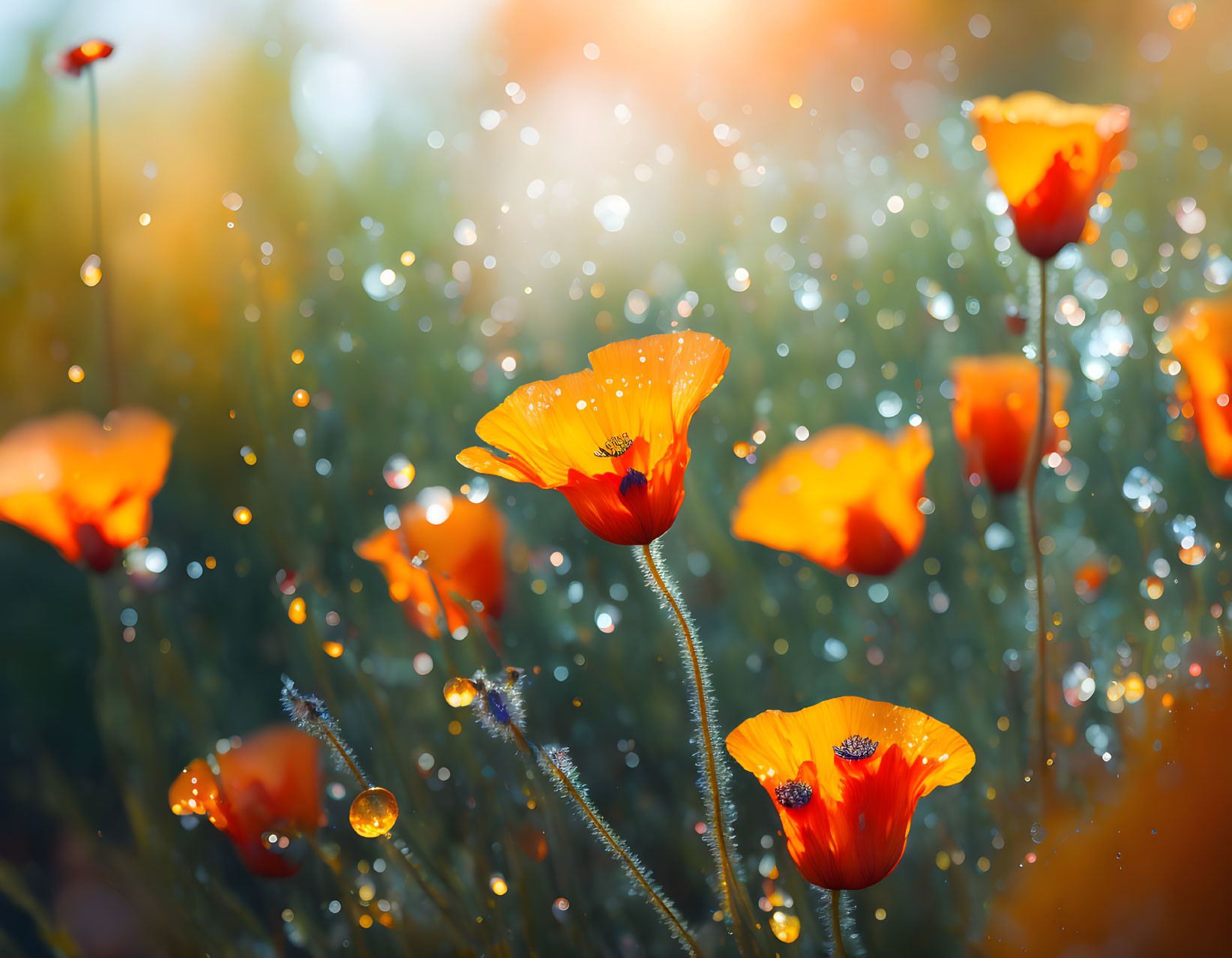 Bright Orange Poppies with Glistening Water Droplets