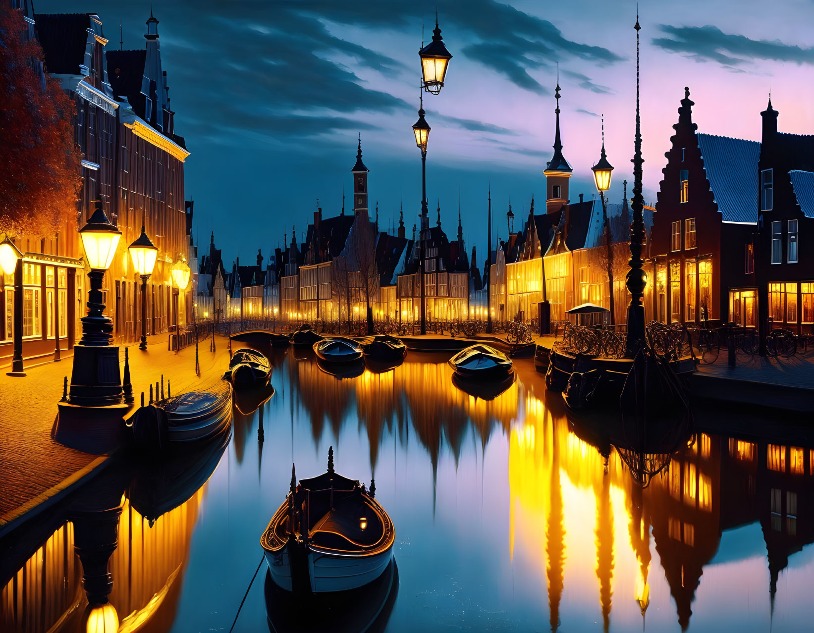 European Town Canal at Twilight with Historic Buildings and Boats