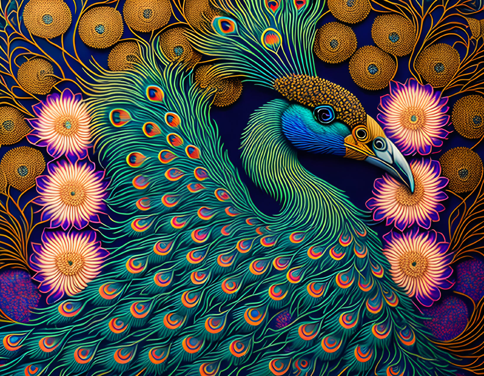 Colorful Peacock Illustration with Elaborate Feathers on Dark Floral Background