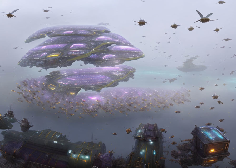 Futuristic fleet of ships over purple illuminated vessel in cloudy landscape