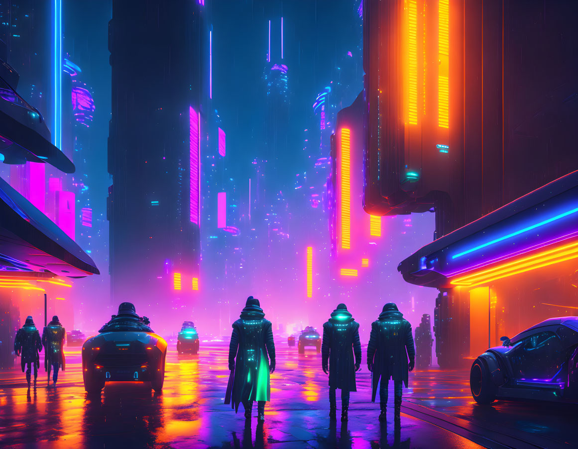 Neon-lit skyscrapers and flying cars in futuristic cityscape