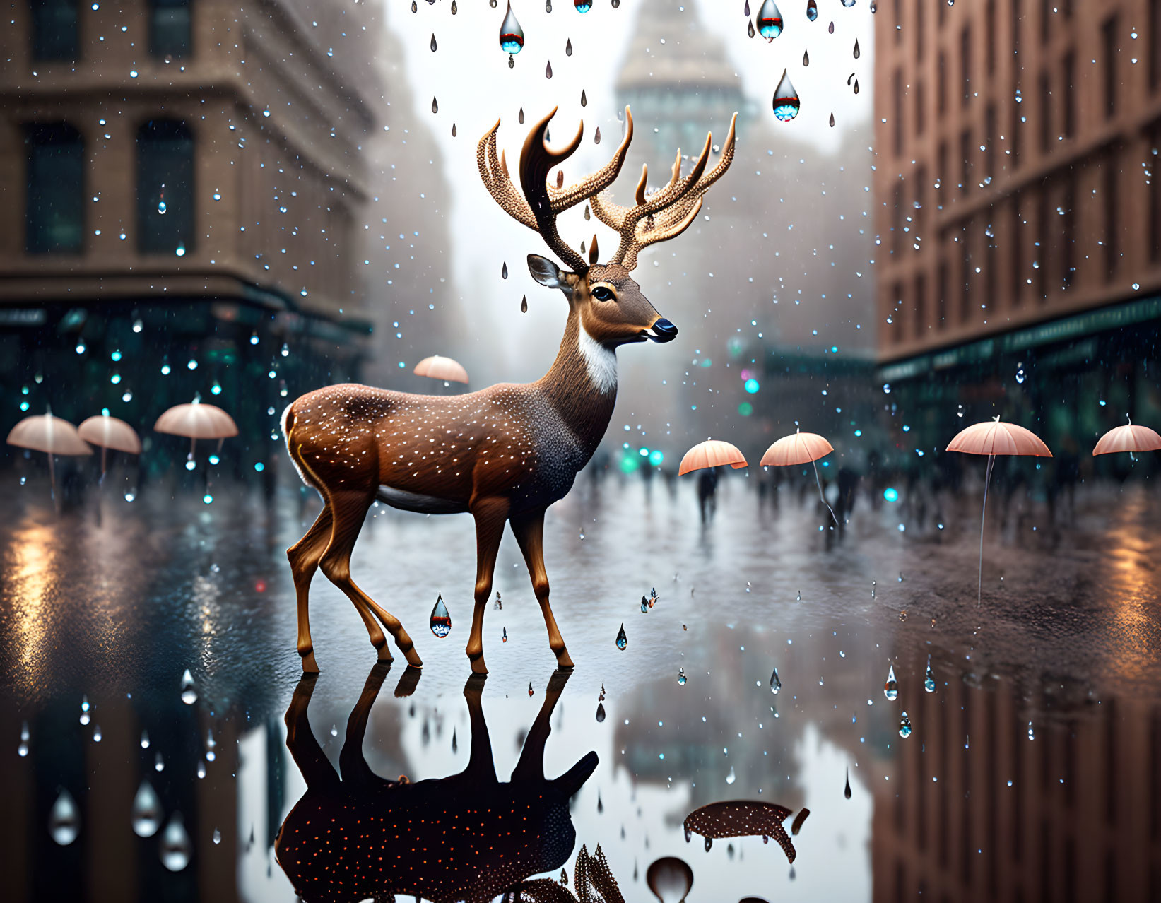 Large antlered stag in surreal rainy cityscape with floating umbrellas