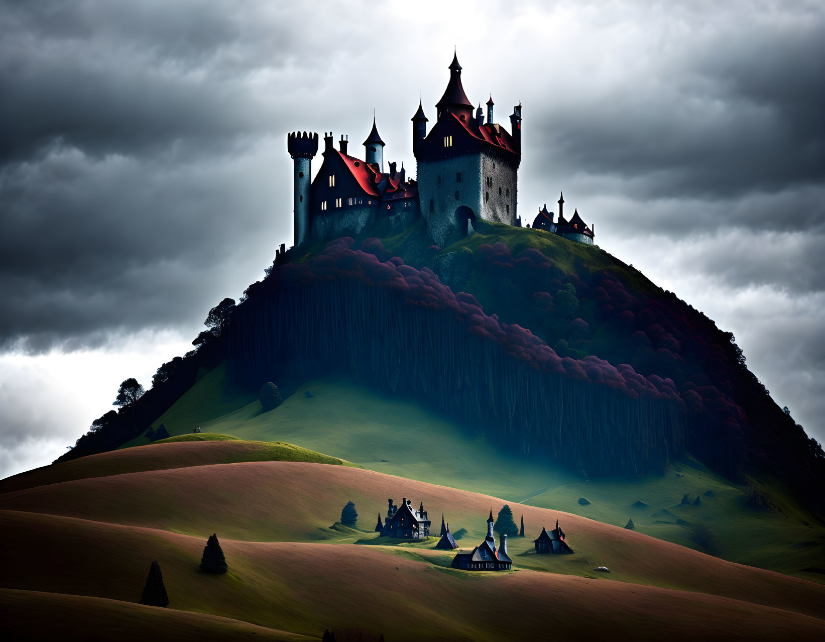 Castle on lush green hill under dramatic sky with smaller buildings.