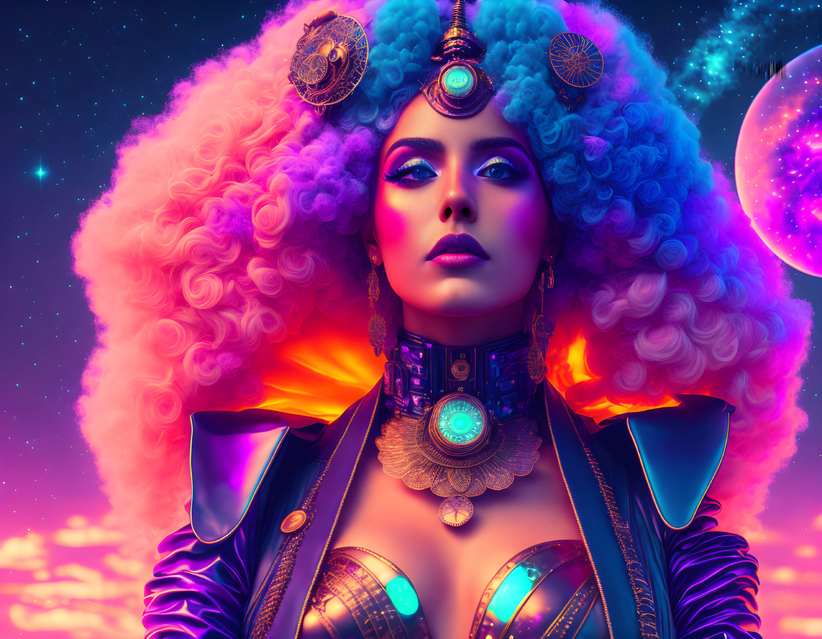 Colorful futuristic woman with afro in space scenery