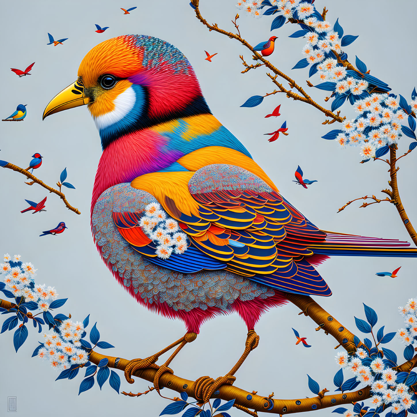 Colorful Stylized Bird on Blossoming Branch with Flowers