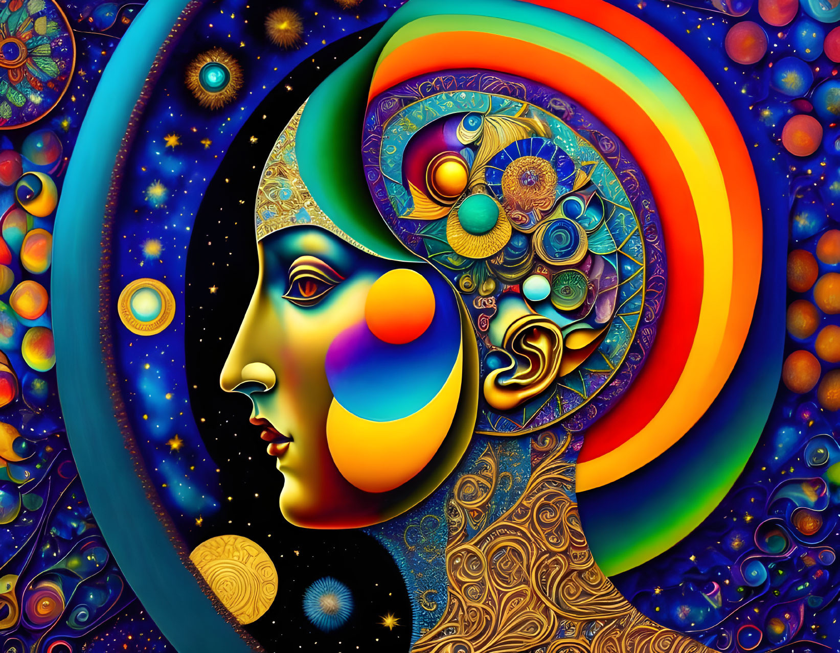 Colorful psychedelic digital artwork of stylized female face with cosmic motifs