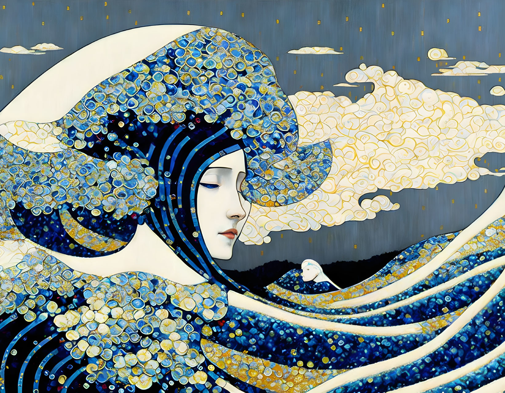 Stylized woman in blue and gold gown against starry night sky