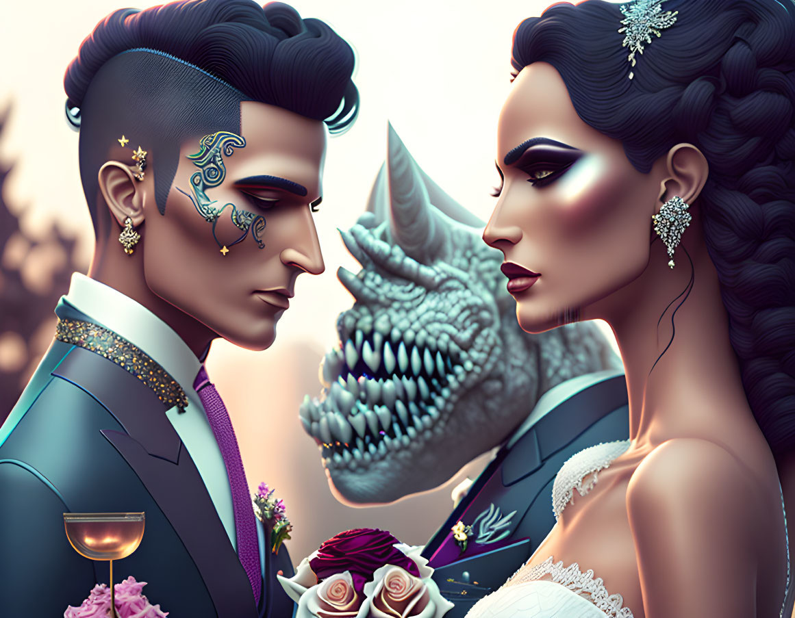 Glamorous couple with fantastical features and ornate dragon in background