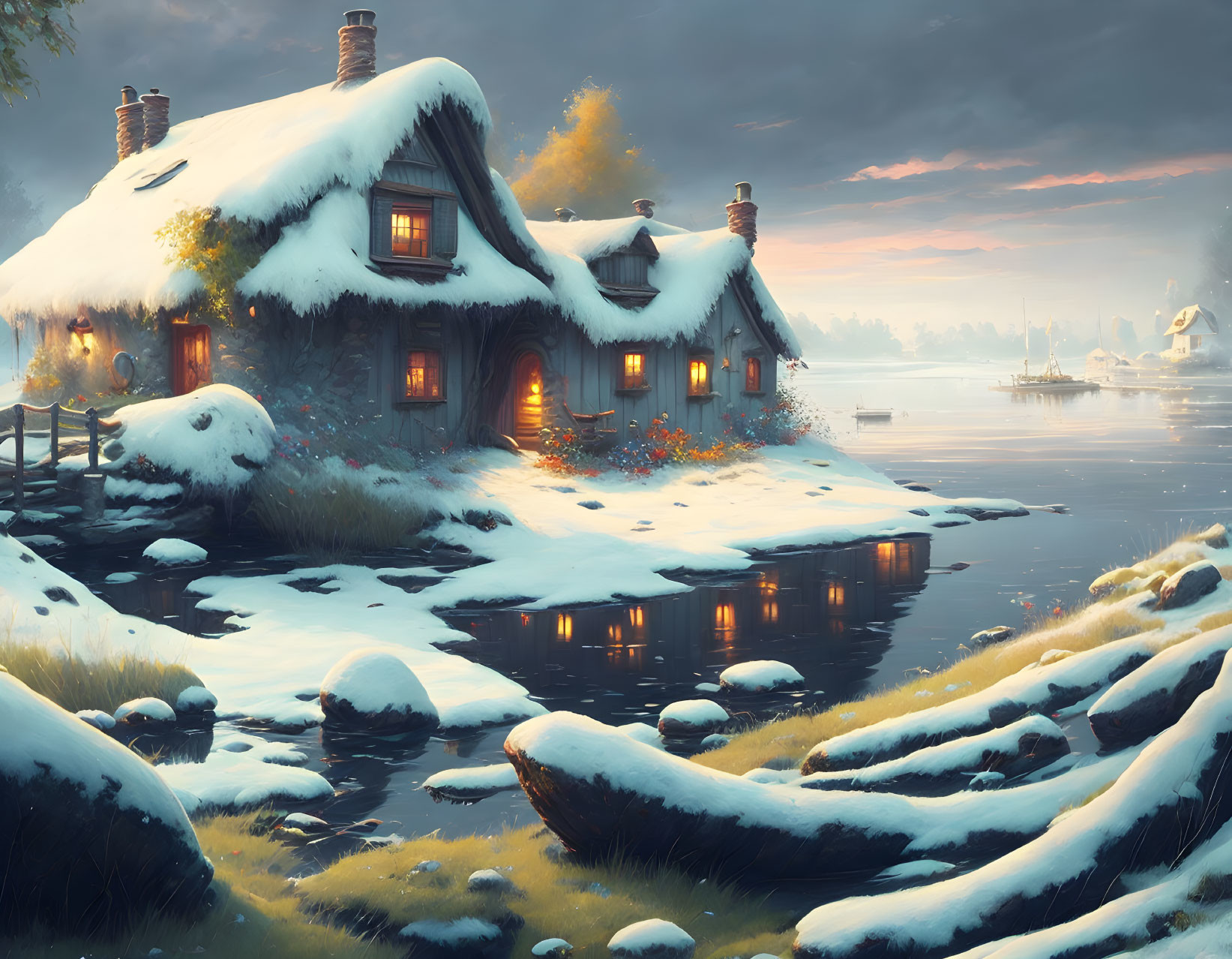 Snow-covered thatched-roof cottage by frozen river at sunset