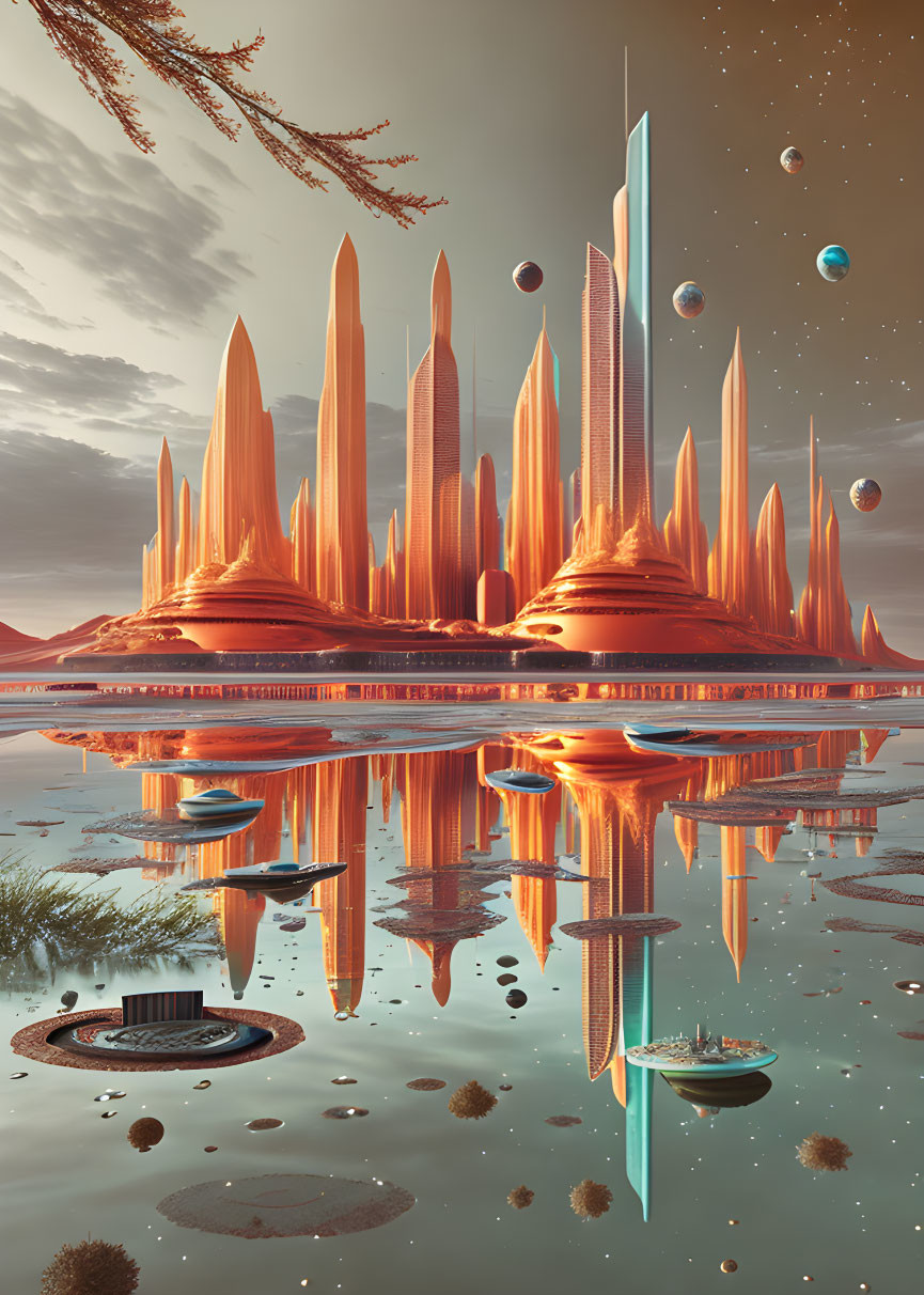 Futuristic cityscape with tall spires and floating orbs in a desert setting