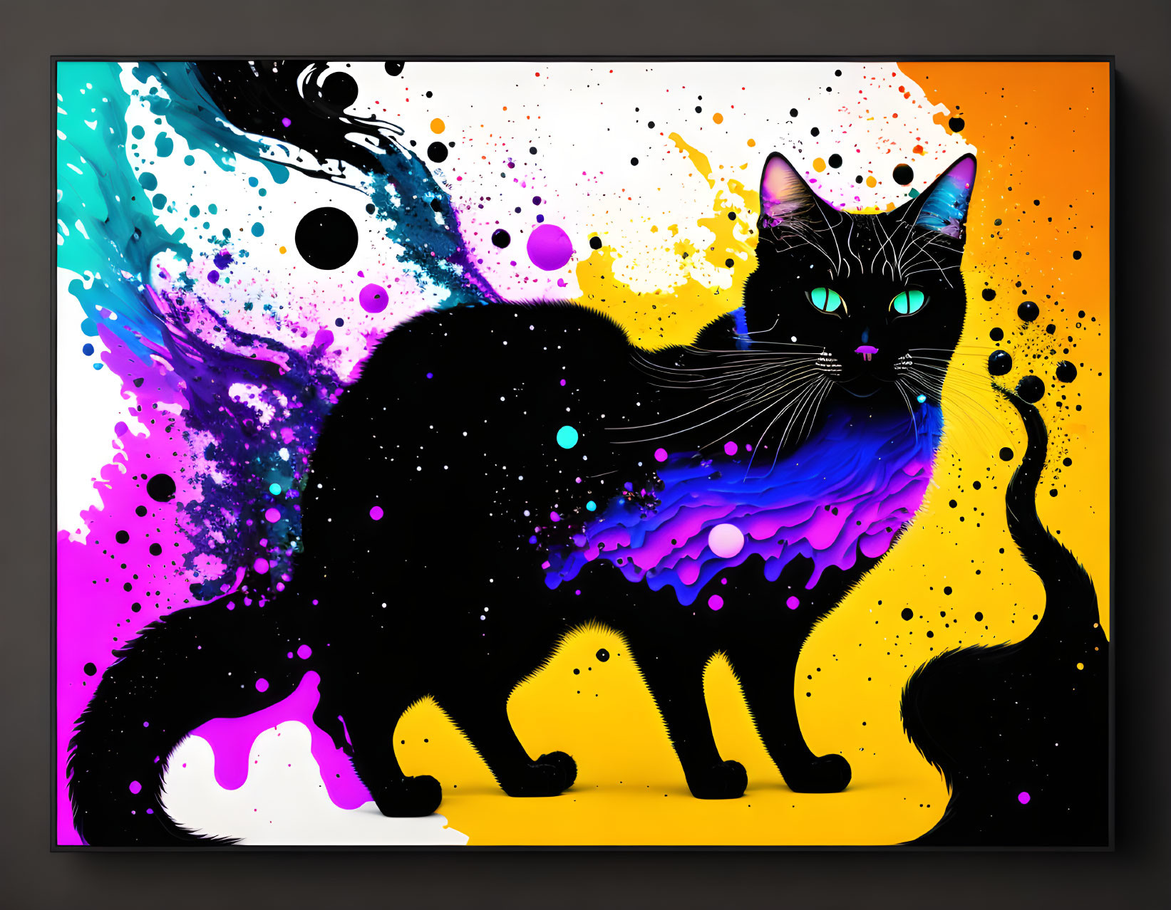 Colorful Artwork: Black Cat Amid Blue, Purple, Yellow & White Ink