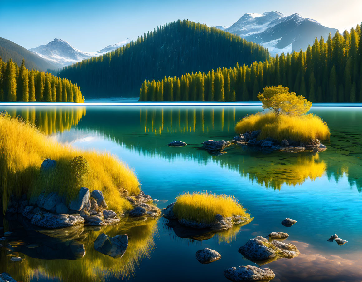 Tranquil alpine lake with snowy mountains and yellow-leafed island