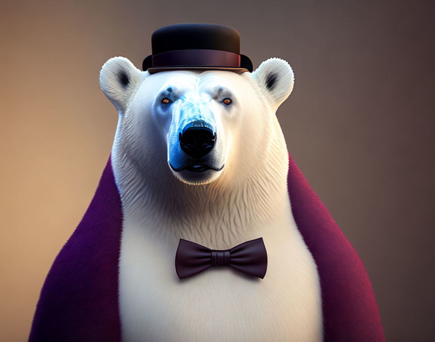 Stylized polar bear in top hat and bow tie with purple cloak