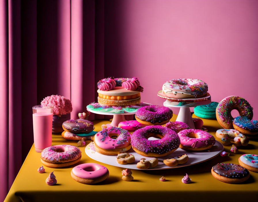 Assorted decorated doughnuts on yellow surface with pink backdrop, pink milkshake, and colorful macar