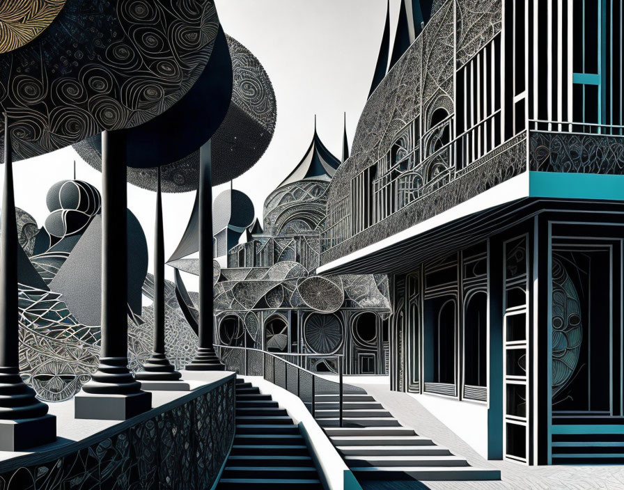 Surreal monochromatic architectural landscape with intricate patterns