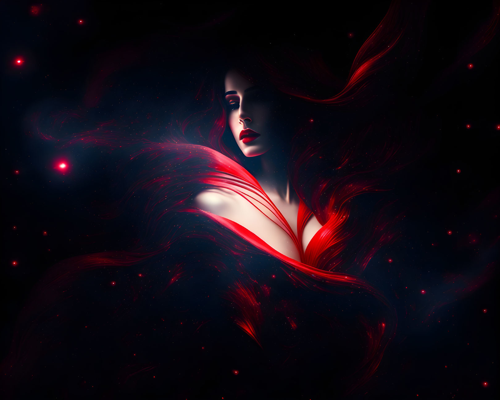 Surreal image: Woman with flowing red hair merging with cosmic red strands