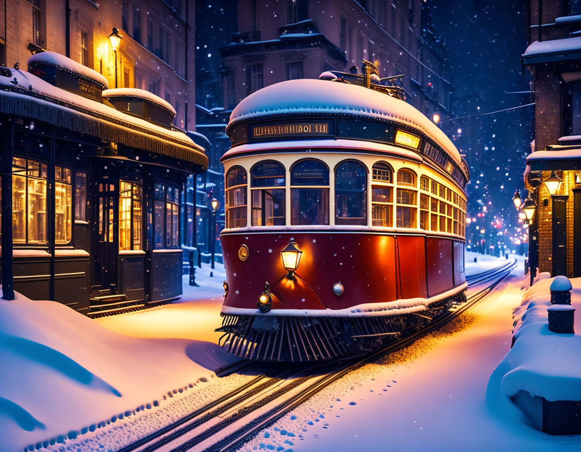 Vintage Red Tram on Snow-Covered Tracks in Charming Street at Night