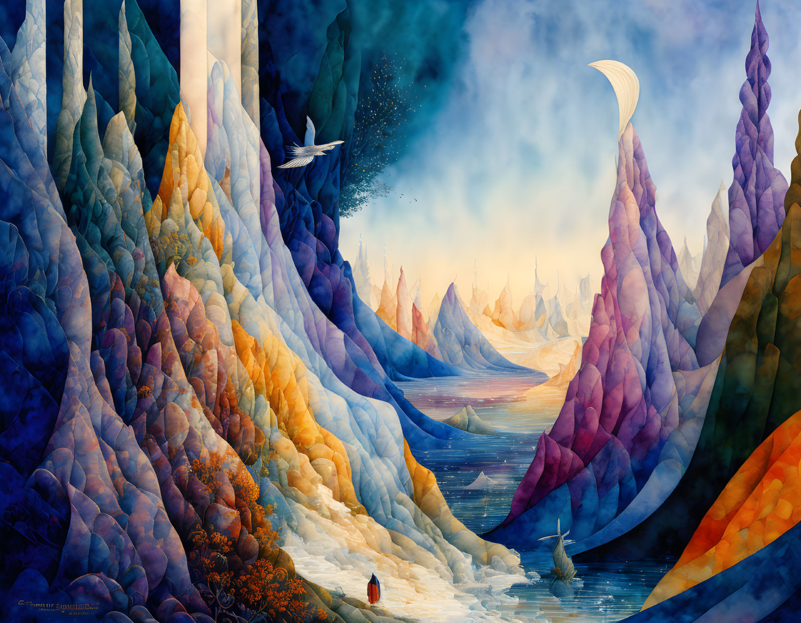 Vivid surreal landscape with mountains, river, moon, and figure viewing bird