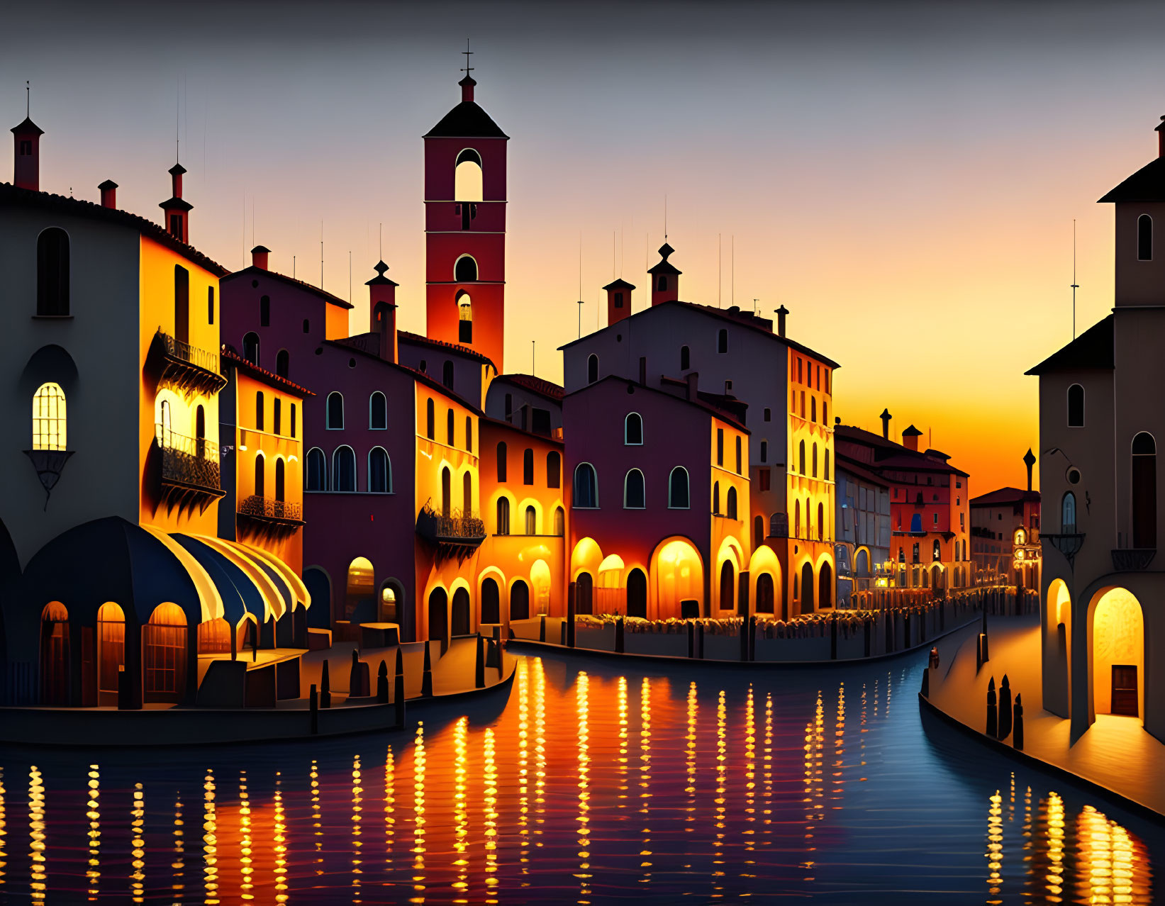 Scenic waterfront sunset with colorful buildings and calm river