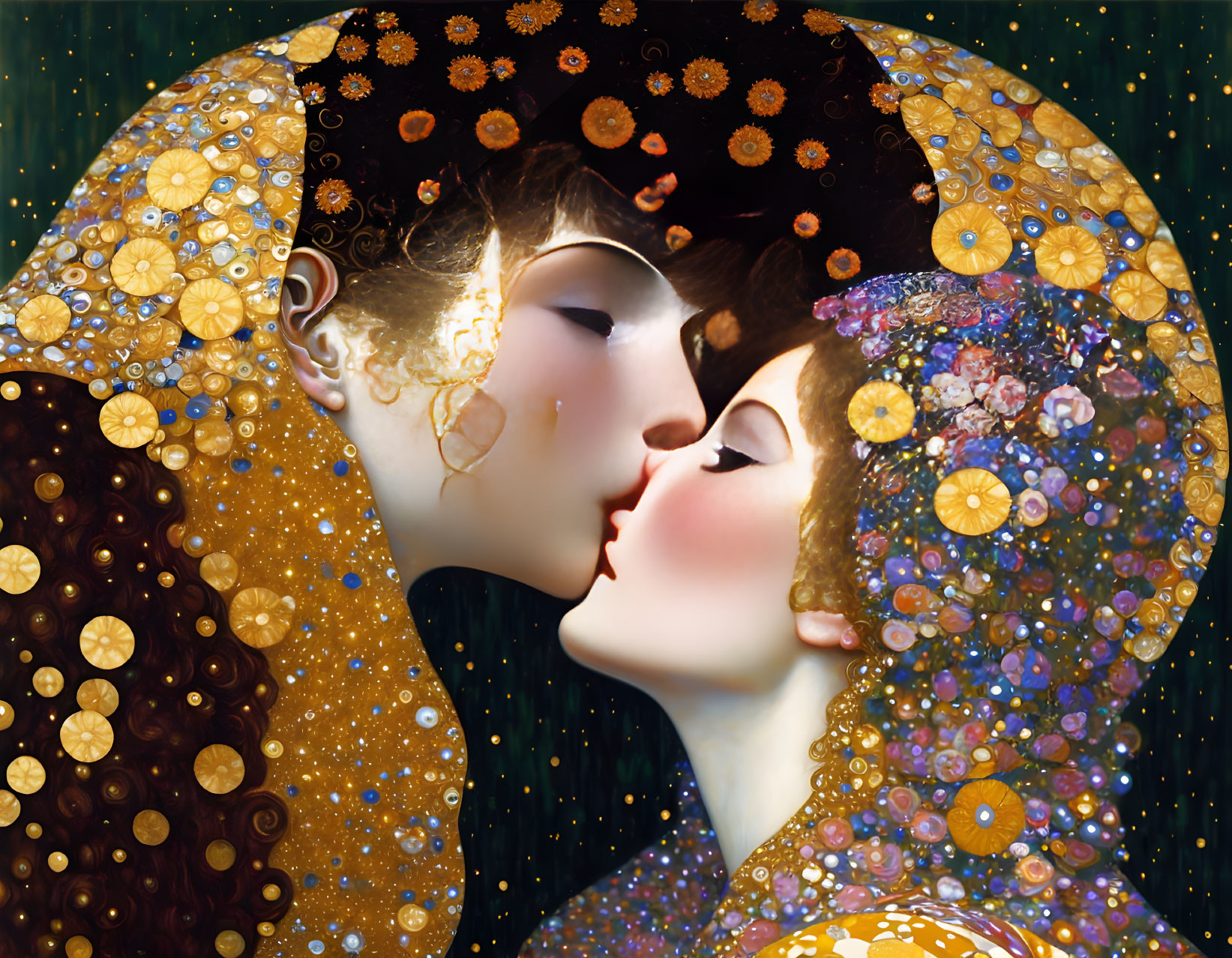 Illustration of two figures with patterned hair kissing against starry background