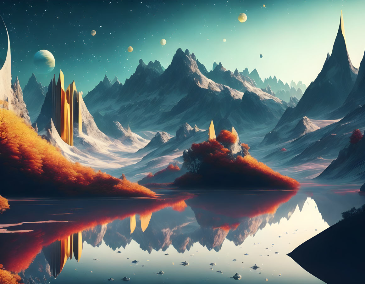 Vivid landscape with mountains, autumn trees, lake, and multiple planets in the sky