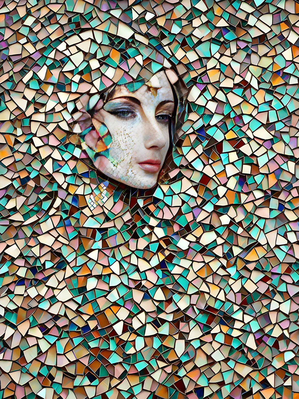 Colorful mosaic artwork of a female face with abstract background