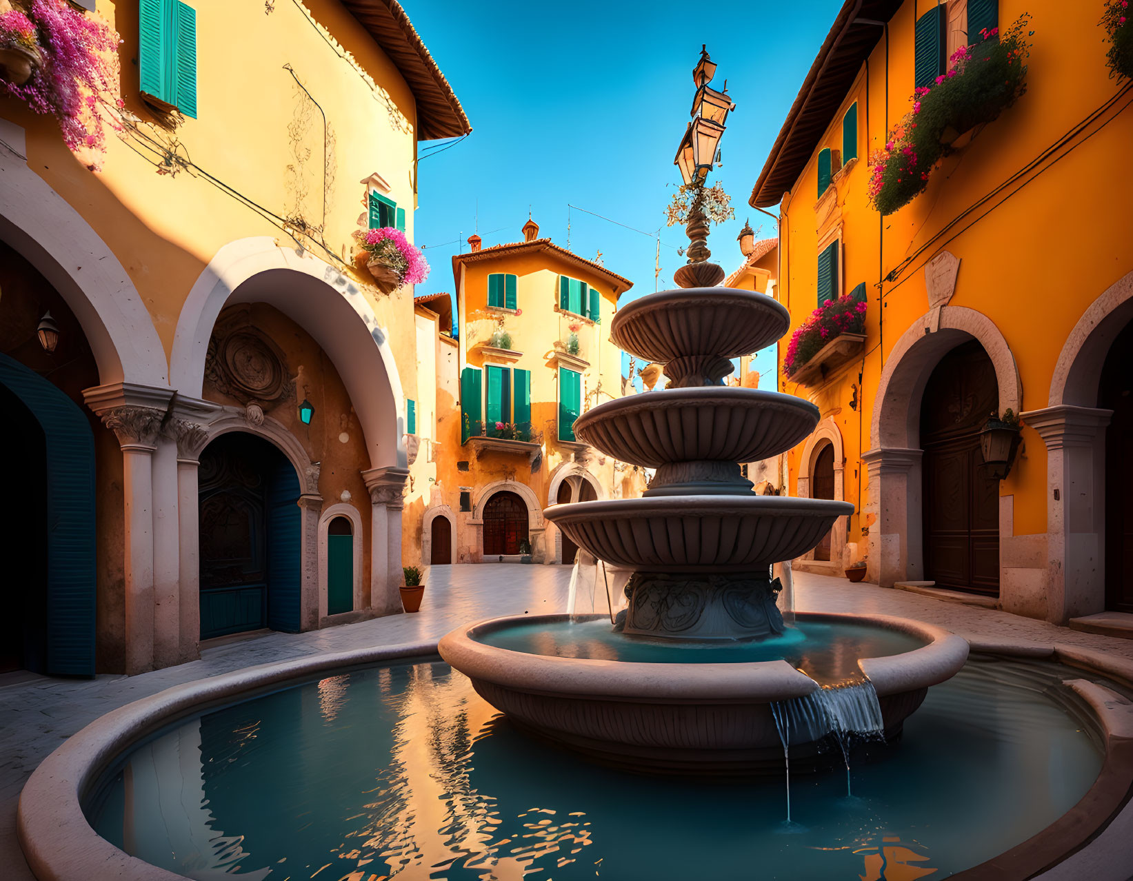 Colorful European courtyard with multi-tiered fountain & hanging flower baskets