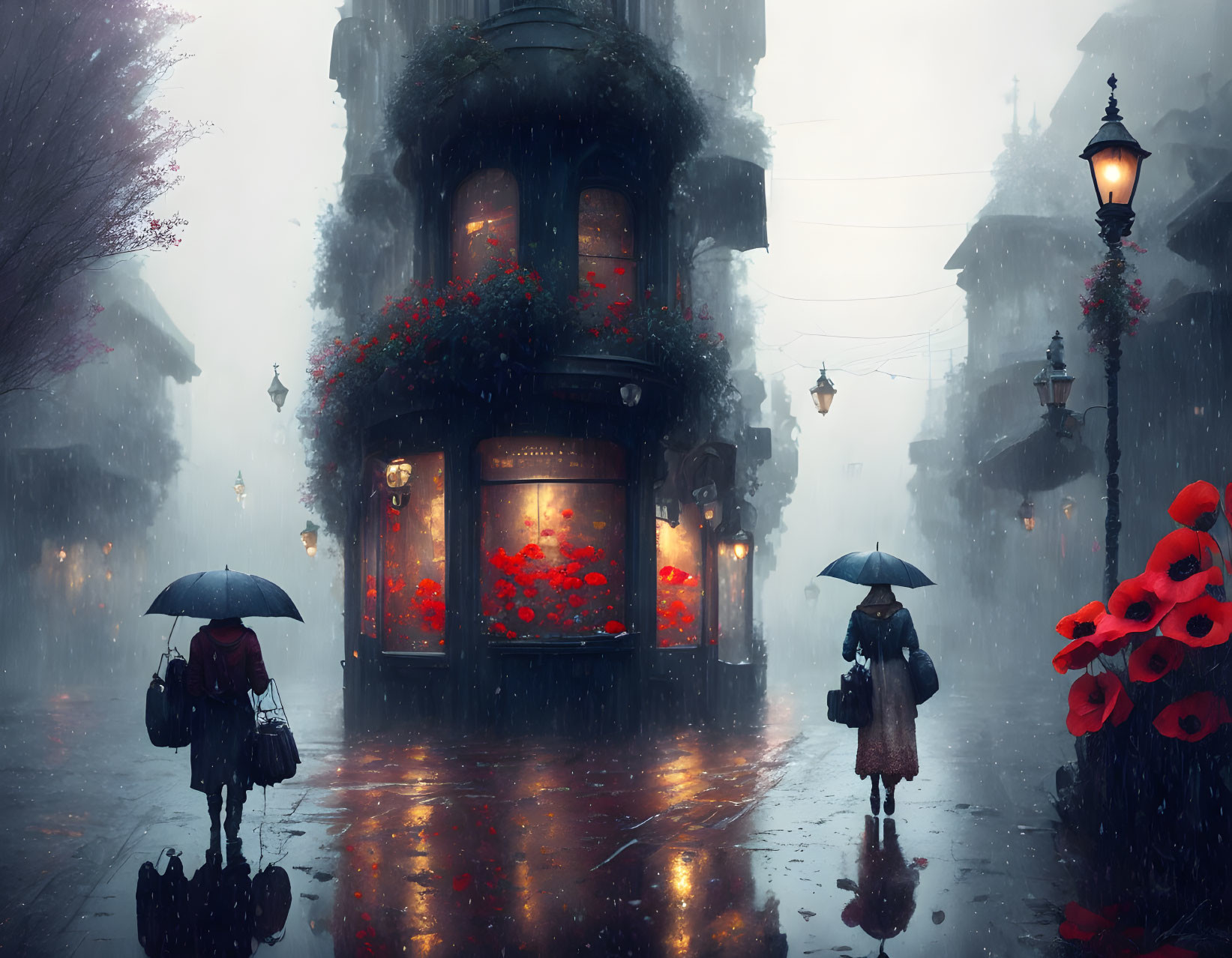 Rainy cobblestone street scene with individuals and red flowers.